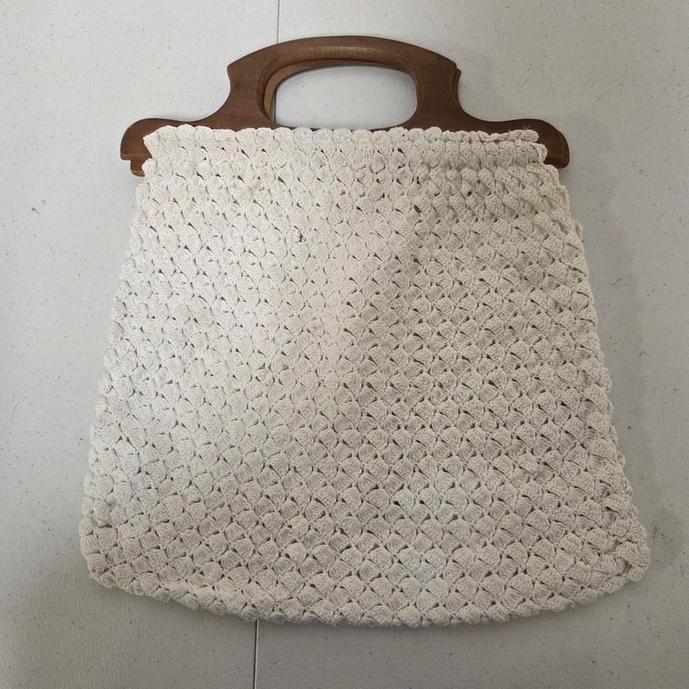 Vintage Cream Crochet Handbag Wood Top Handle Boho Cottagecore Tote Bag